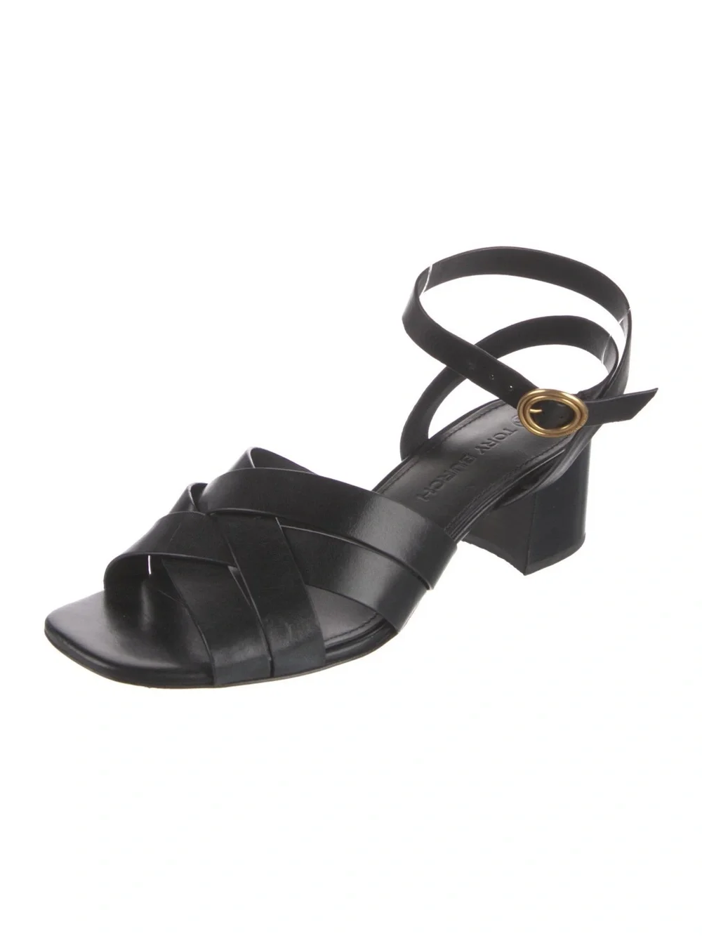 Tory Burch Black Leather Crisscross Ankle Strap Block Heels Size 11